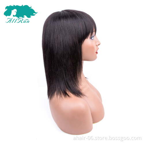 Soft And Cheap Machine 10A Nature Color Straight Wigs With Bang 12 Inch Brazilian Hair Wholesale In Stock,100% Human Hair